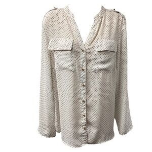 New Directions Blouse White Black Polka Dot Button Up Tabbed Sleeve Epaulette